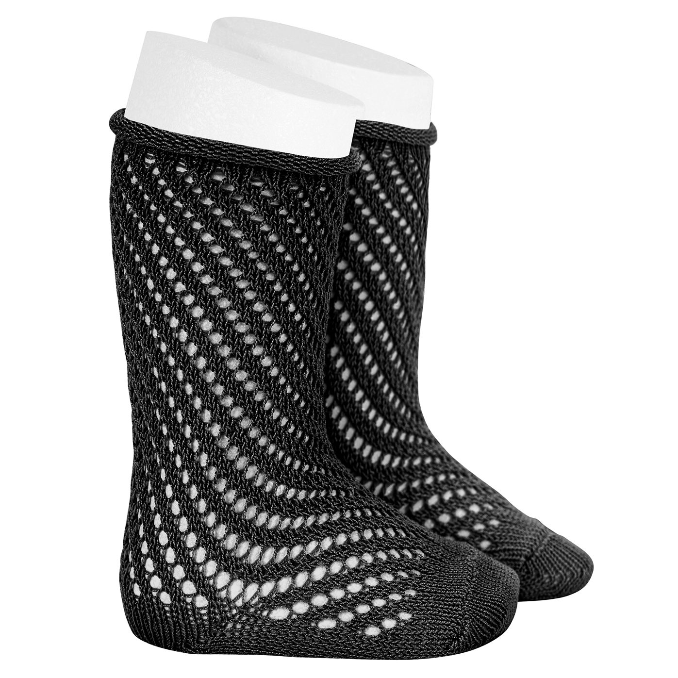 Net Openwork Perle Knee High Socks W/ Rolled Cuff | Black (900)