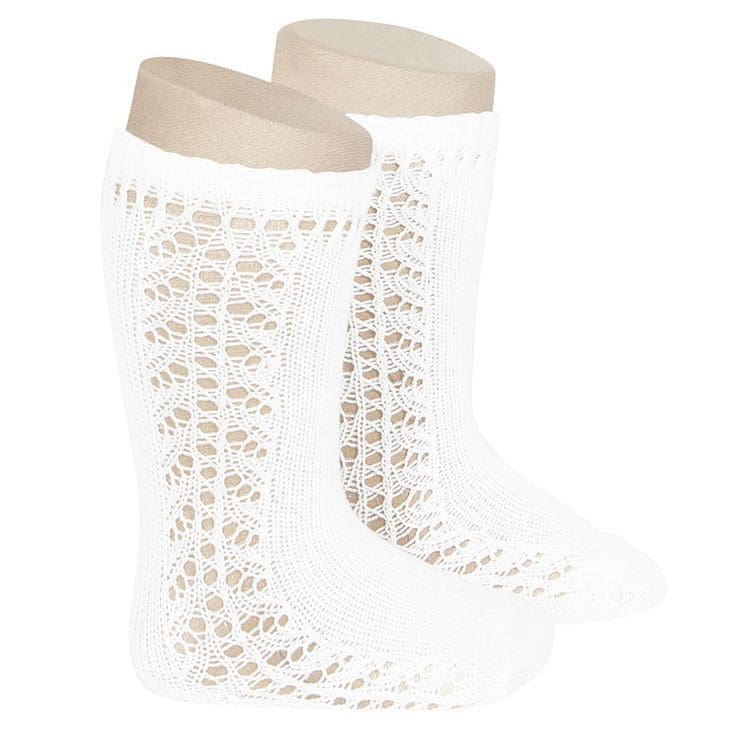 2592/2 Warm Cotton Knee Socks W/ Side Openwork | White 200