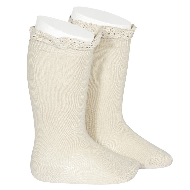 Knee High Socks W/ Lace Edging Cuff | Linen 304