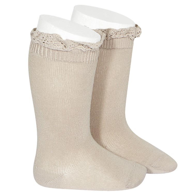 Knee High Socks W/ Lace Edging Cuff | Stone 334