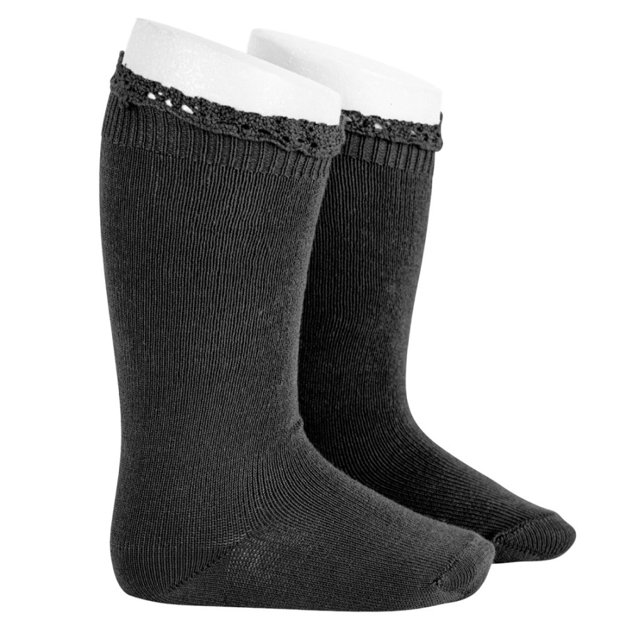 Knee High Socks W/ Lace Edging Cuff | Black 900