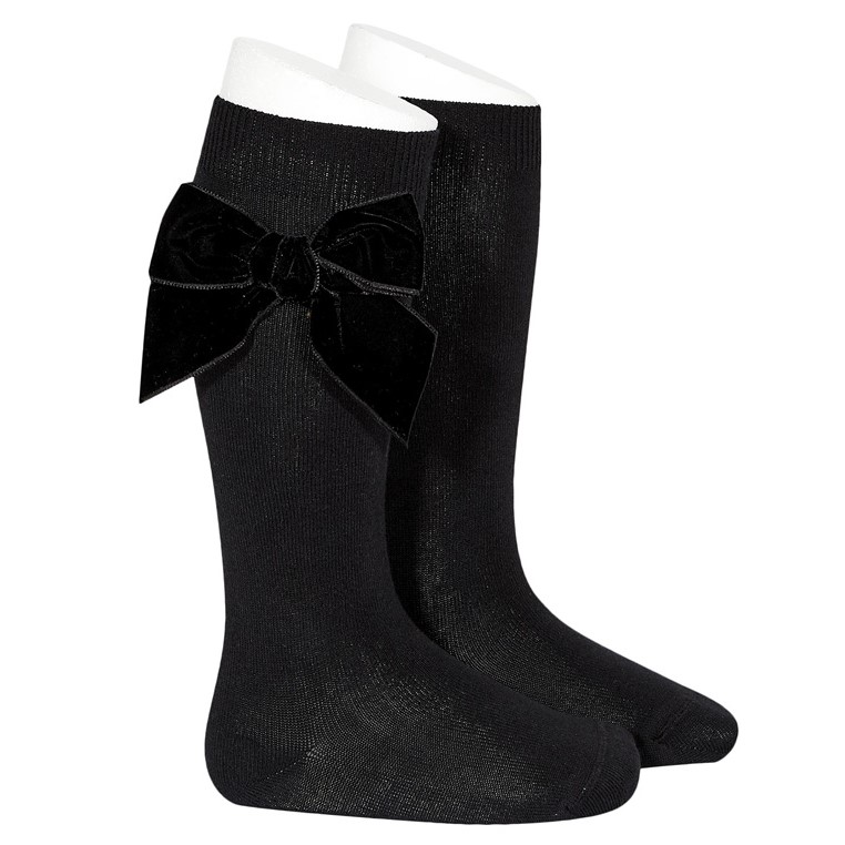 Cotton Knee Socks W/ Side Velvet Bow | Black 900