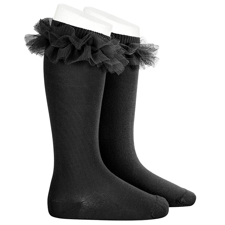 Tulle Ruffle Knee Socks | Black 900