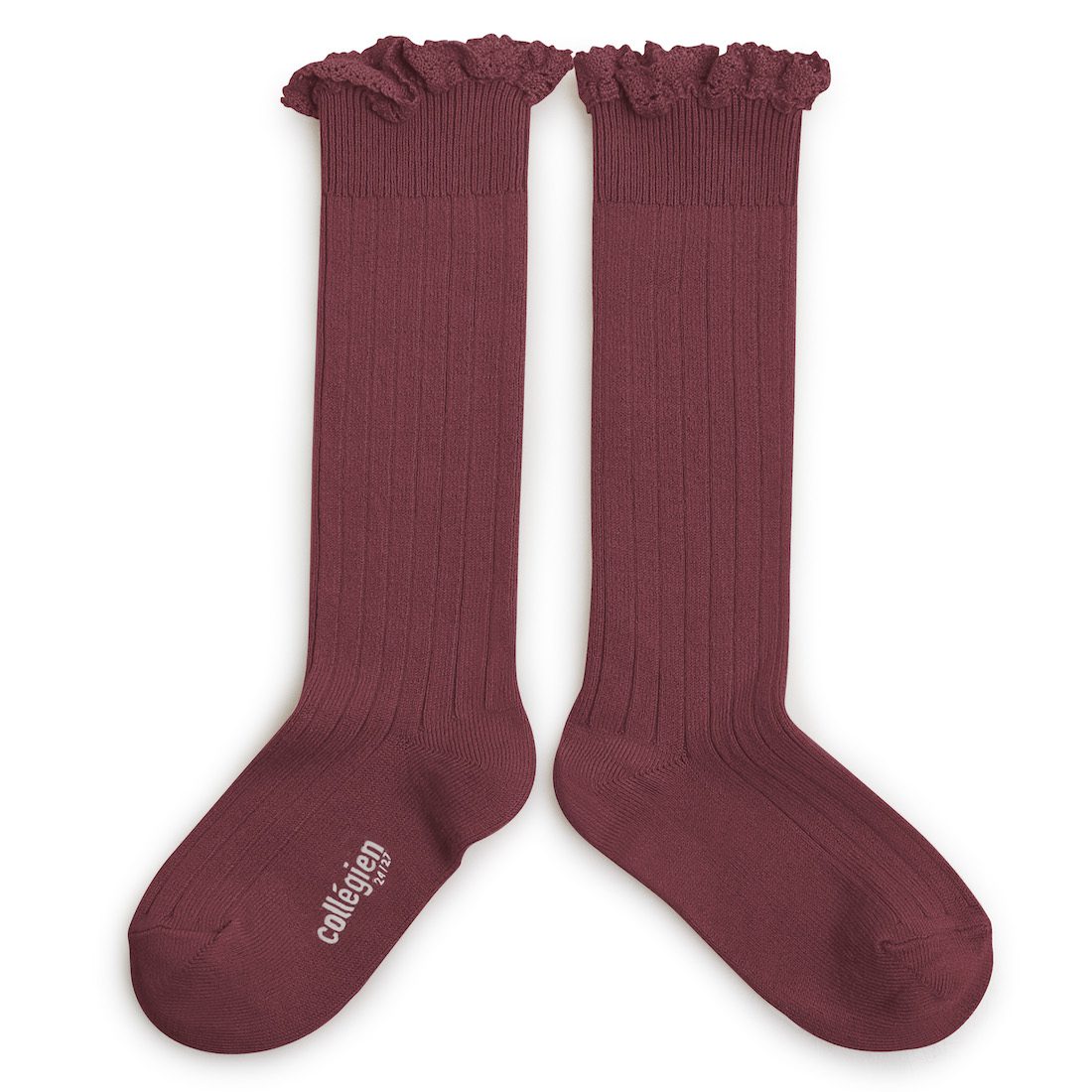 Lace-Trim Ribbed Knee-high Socks Framboise
