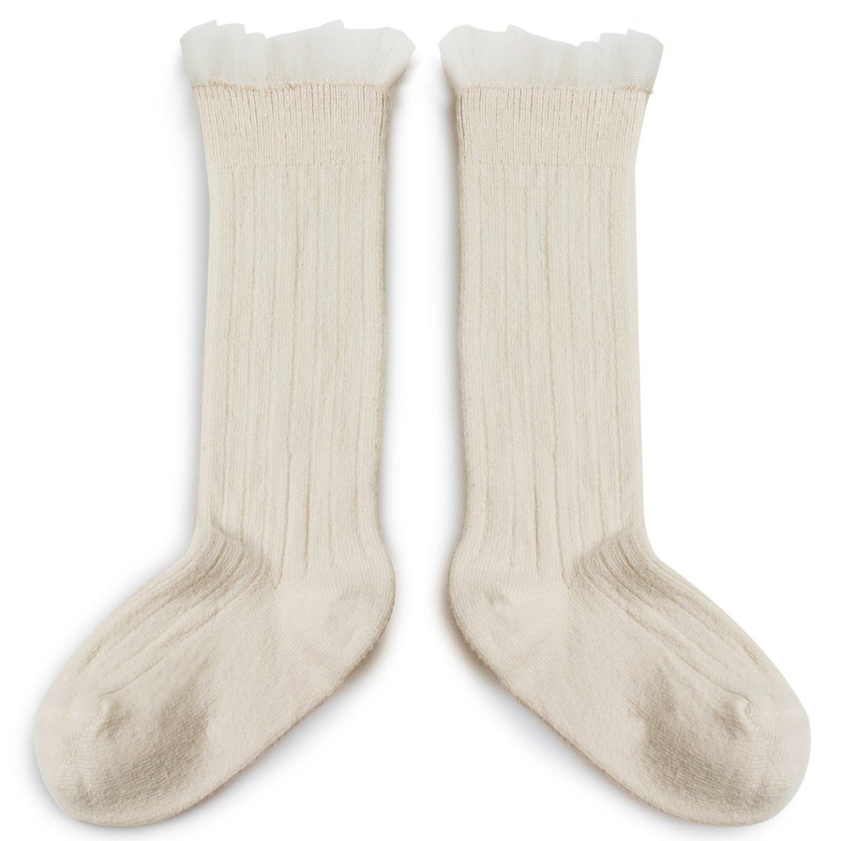 Manon Tulle Frill Ribbed Knee-high Socks | Doux Agneaux