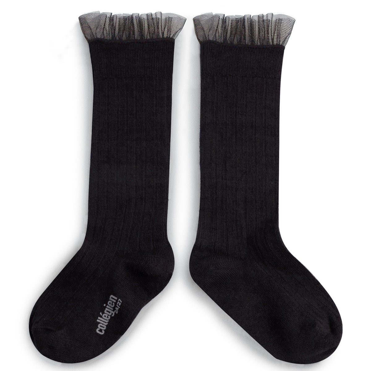Manon Tulle Frill Ribbed Knee-high Socks | Noir de Charbon