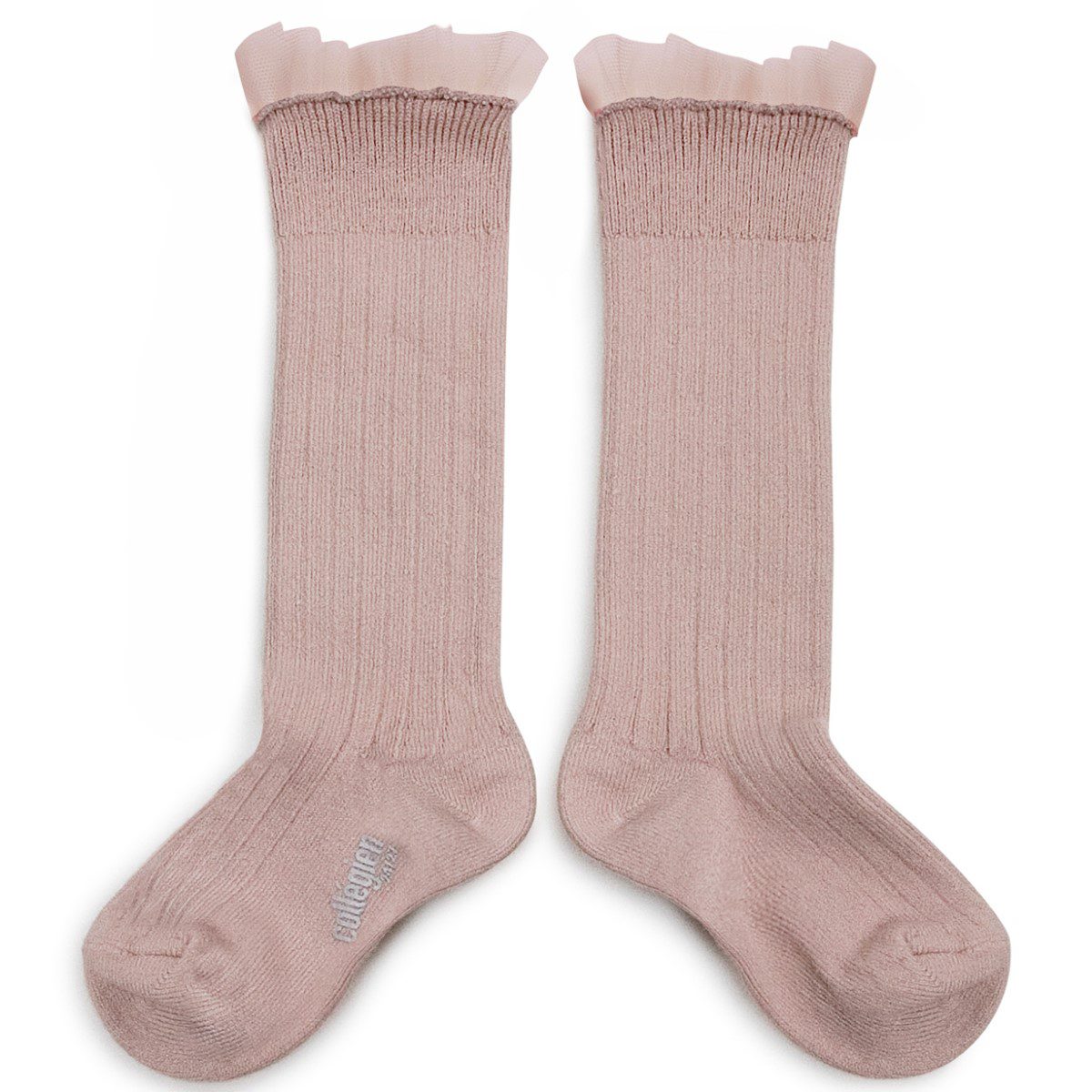 Manon Tulle Frill Ribbed Knee-high Socks | Vieux Rose