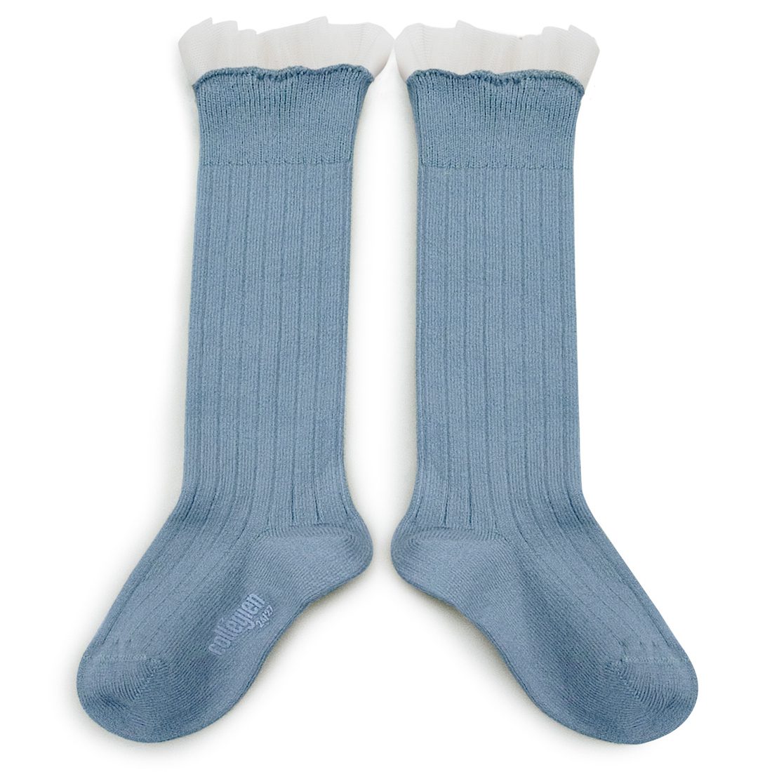 Tulle Frill Ribbed Knee-high Socks Bleu Azur