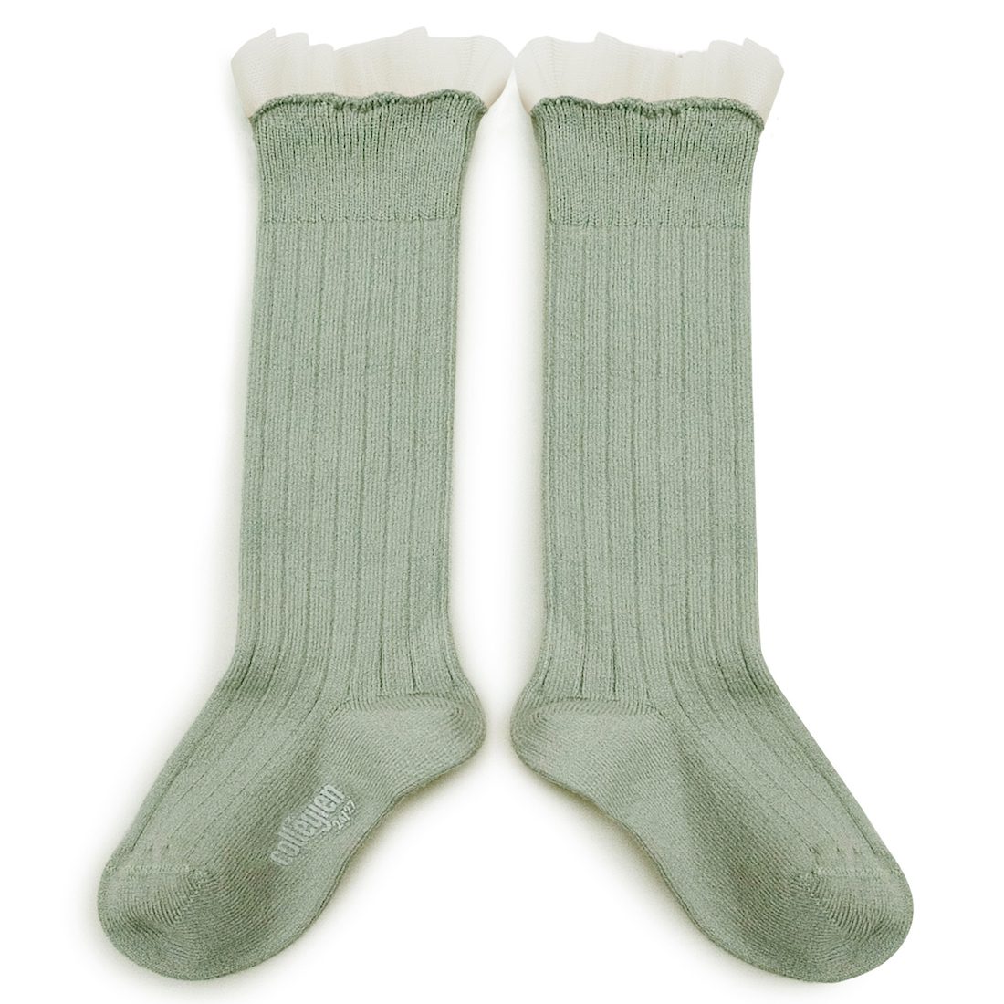 Tulle Frill Ribbed Knee-high Socks Aigue Marine