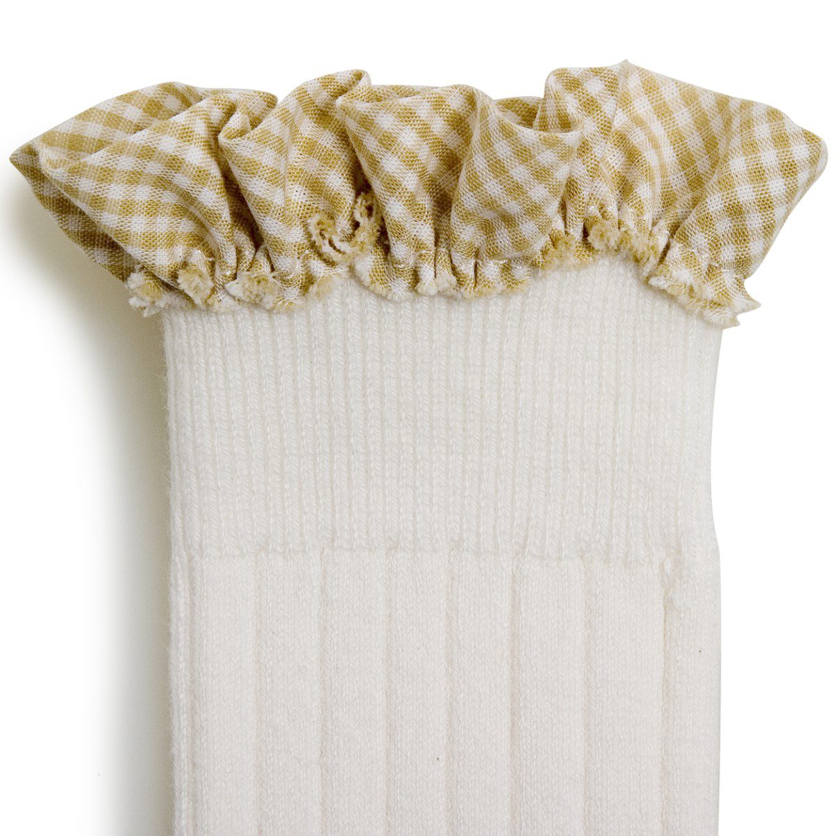 Apolline Gingham Ruffle Ribbed Knee-high Socks | Blanc Neige