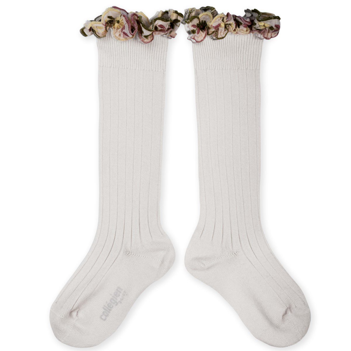 Eglantine Embroidered Ruffle Ribbed Knee-high Socks | Blanc Neige