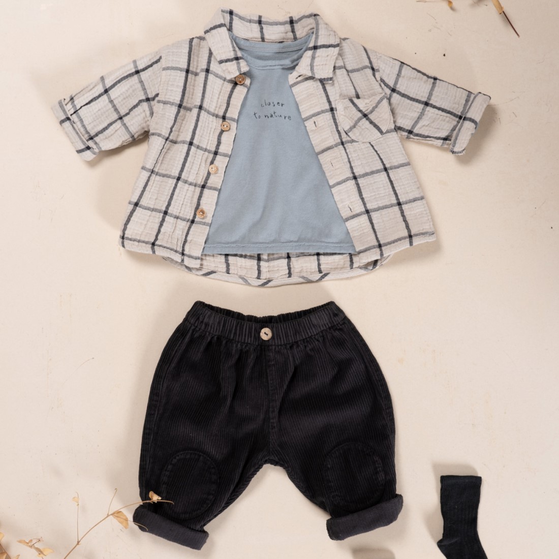 3 Piece Set | Jersey L/S Top, Checked Woven Shirt & Corduroy Trousers