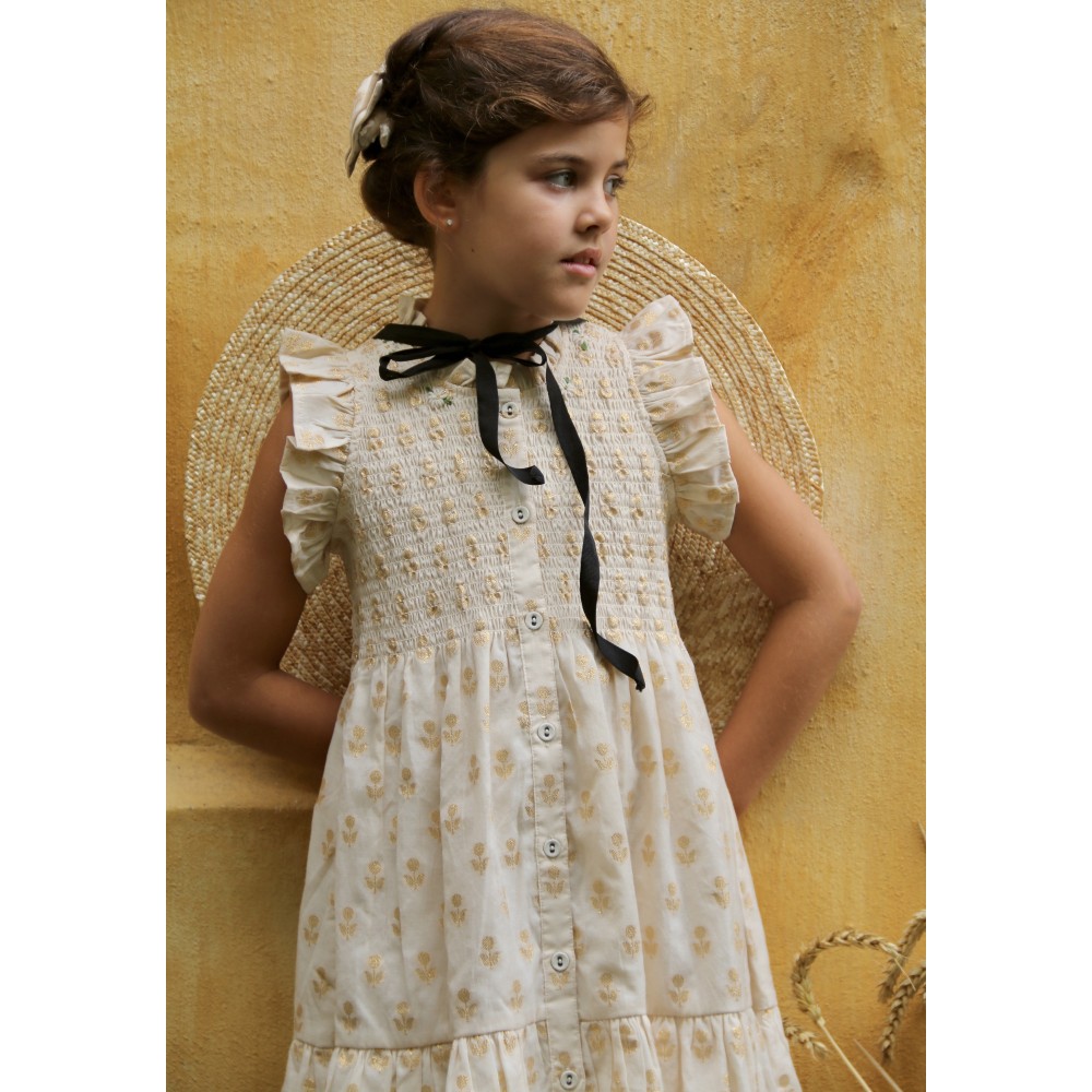 Long dress With Golden Flowers On Ivory