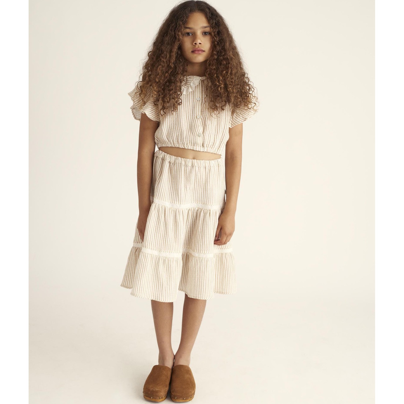 Janak Striped Gauze Crop Top & Katiak Stripe Gauze Skirt | Coffee
