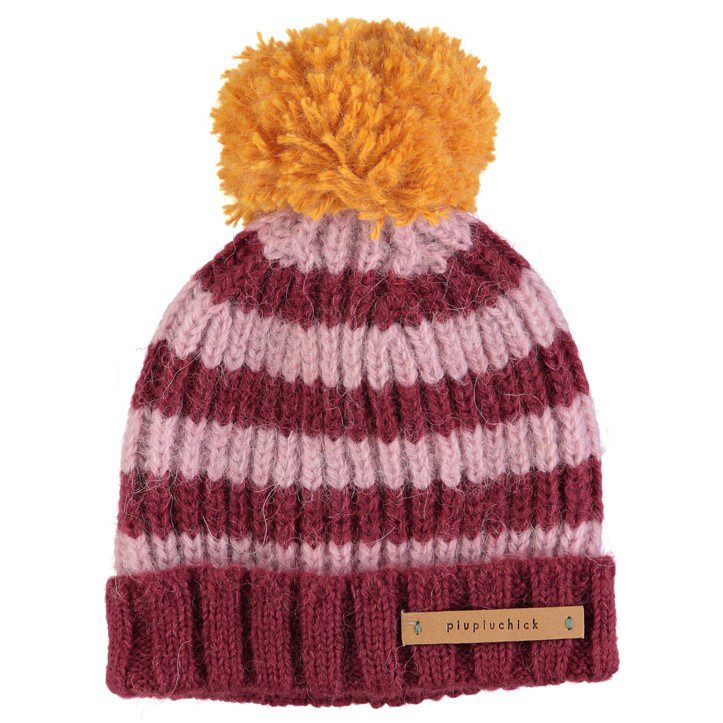Knitted Hat W/ Pompom | Pink & Strawberry Stripes