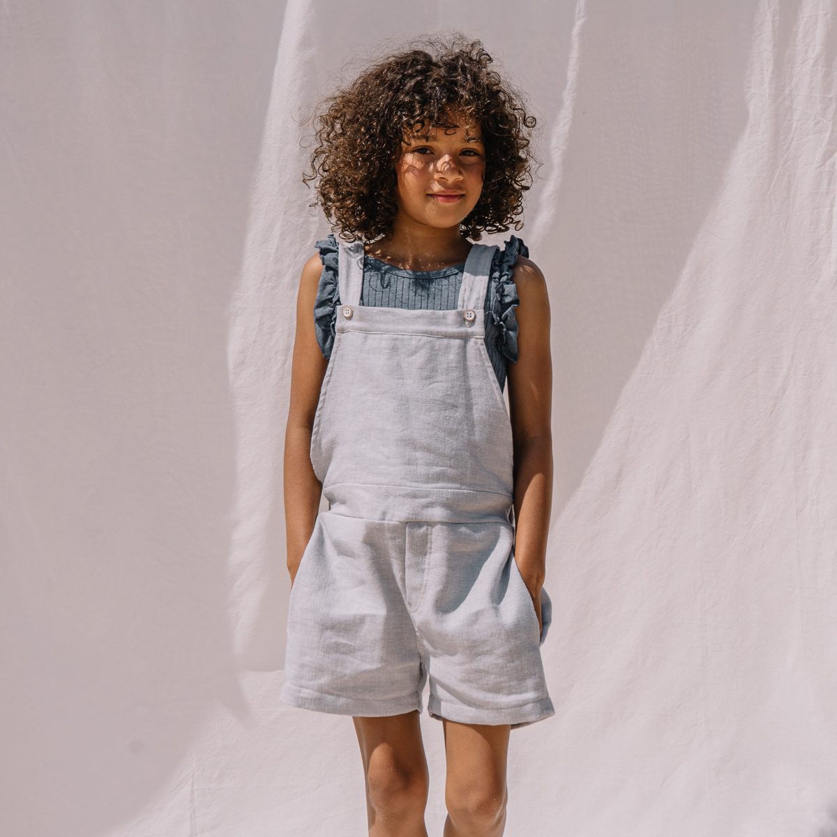 Twill Linen Short Dungaree & Rib Ruffle T-Shirt