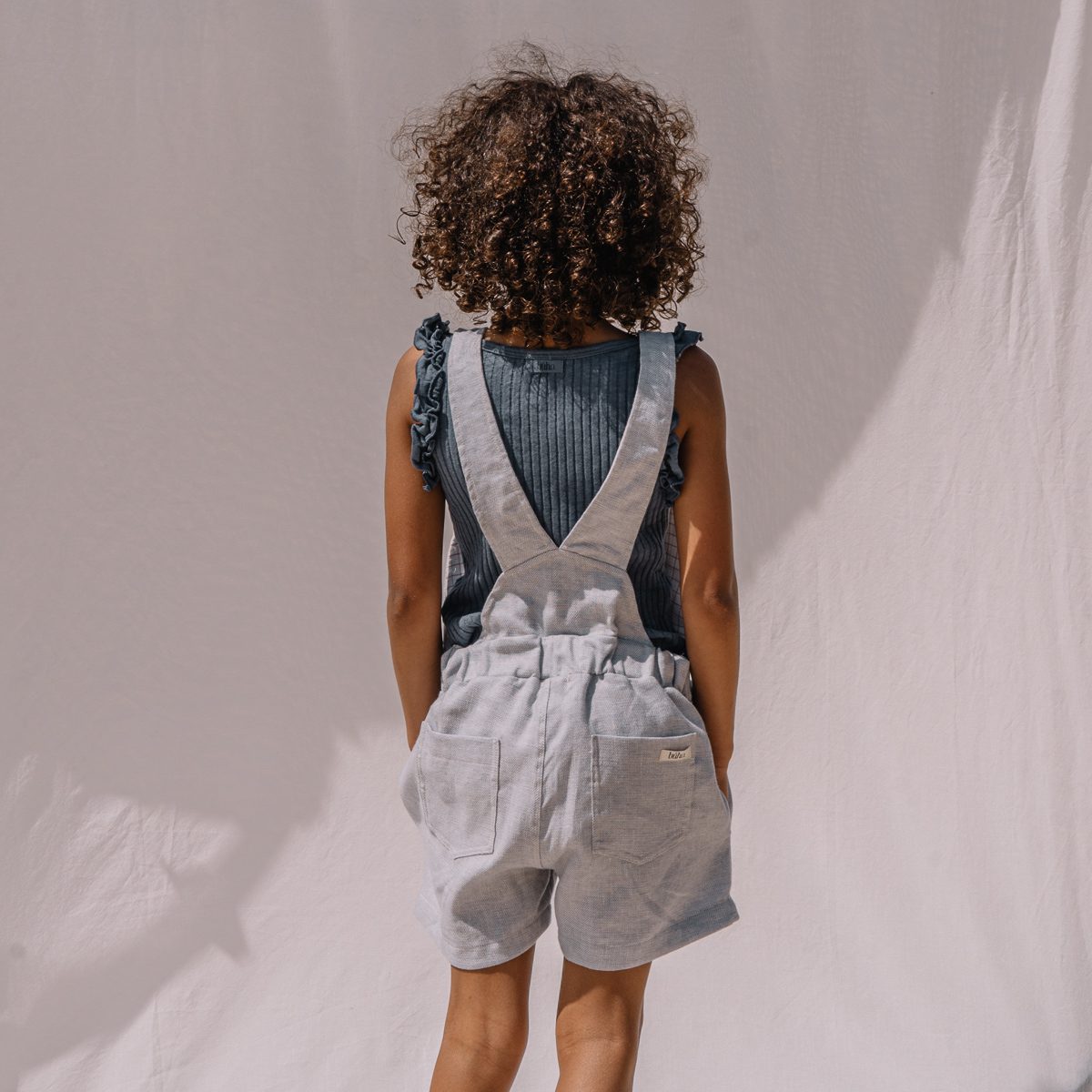 Twill Linen Short Dungaree & Rib Ruffle T-Shirt