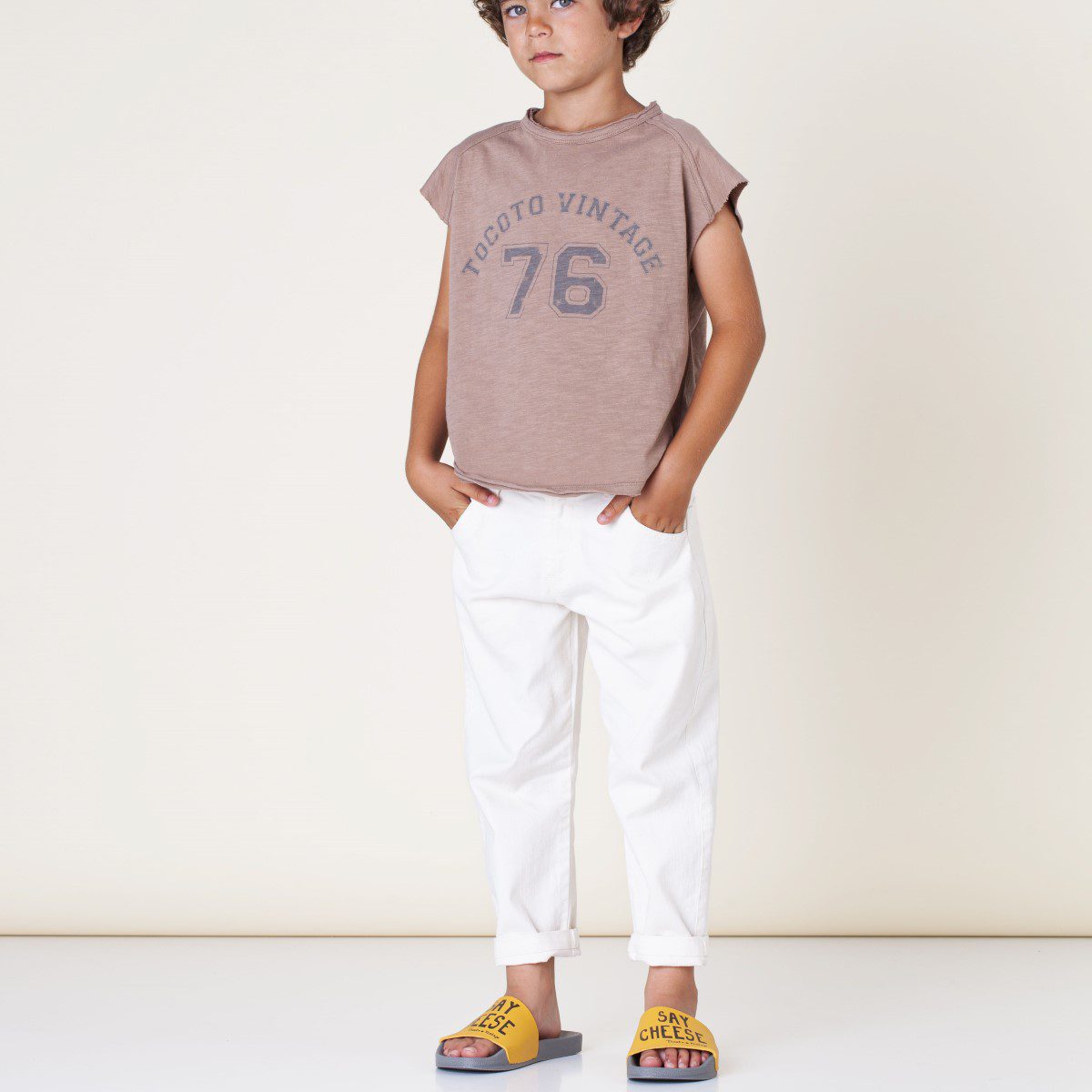 Ranglan T-Shirt & Denim Boy Trousers | Brown/Off-White