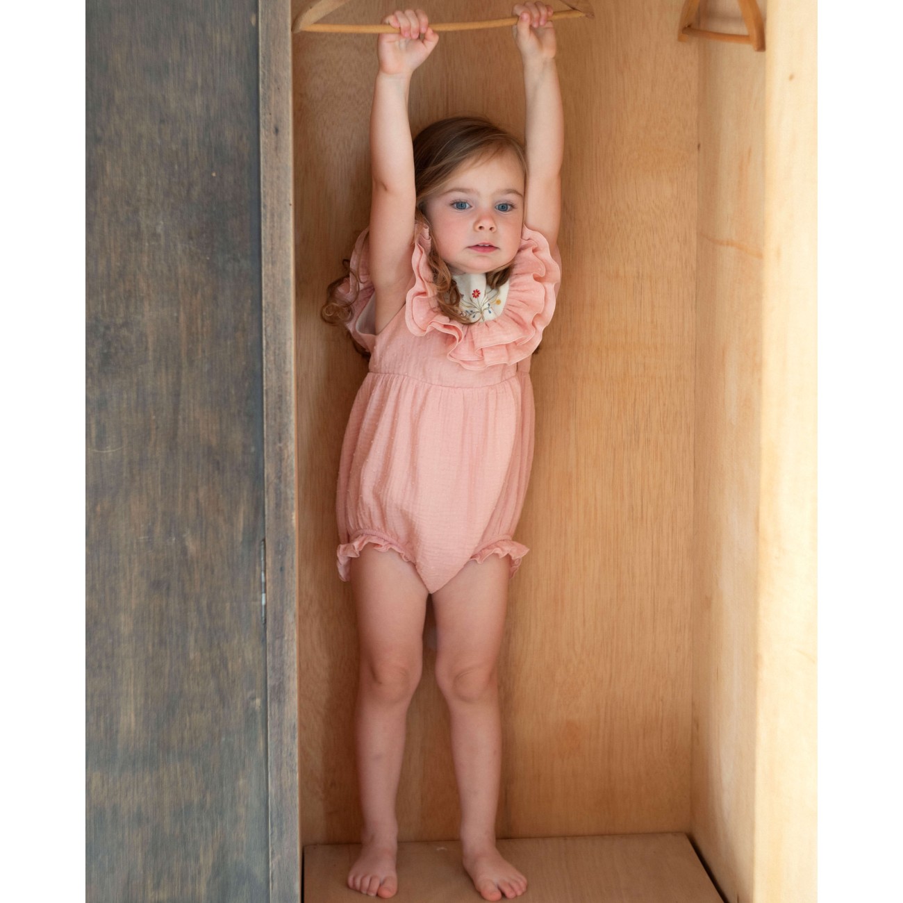 Pink Romper Suit W/ Embroidered Yoke & Frills