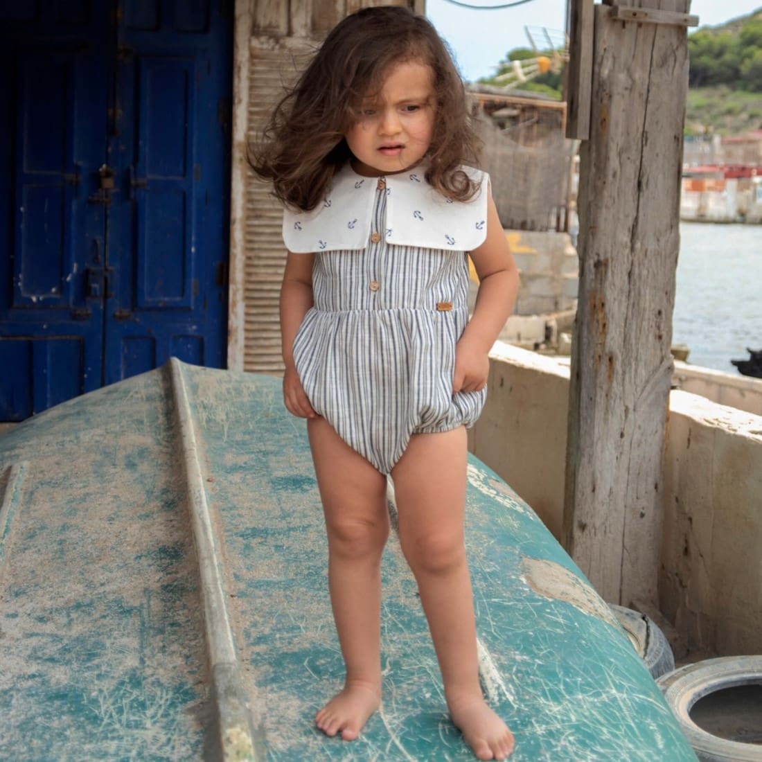 Embroidered Striped Romper Suit W/ Collar