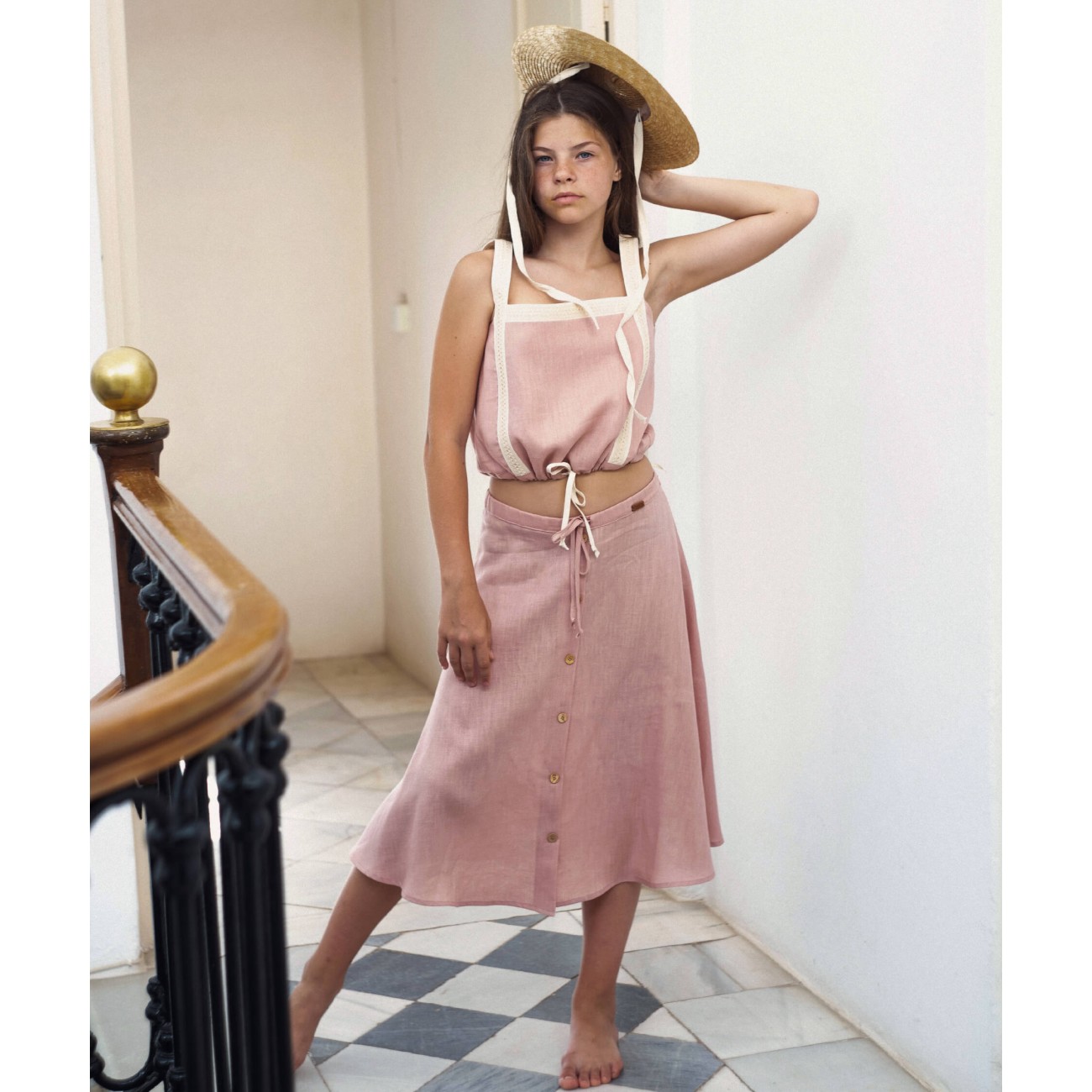Top W/ Straps & Half Cape Midi Length Skirt | Pink Linen