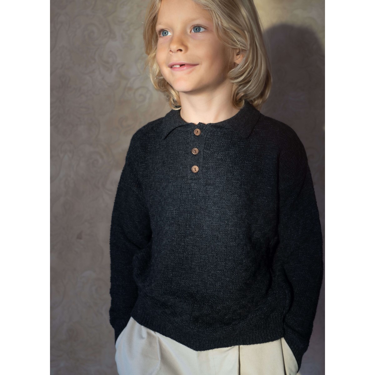 Dark Grey Textured Knit Jersey W/ Collar