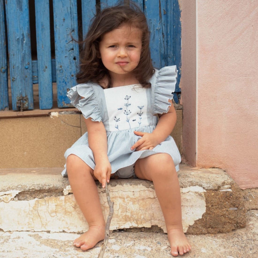 Striped Romper Suit W/ Frill