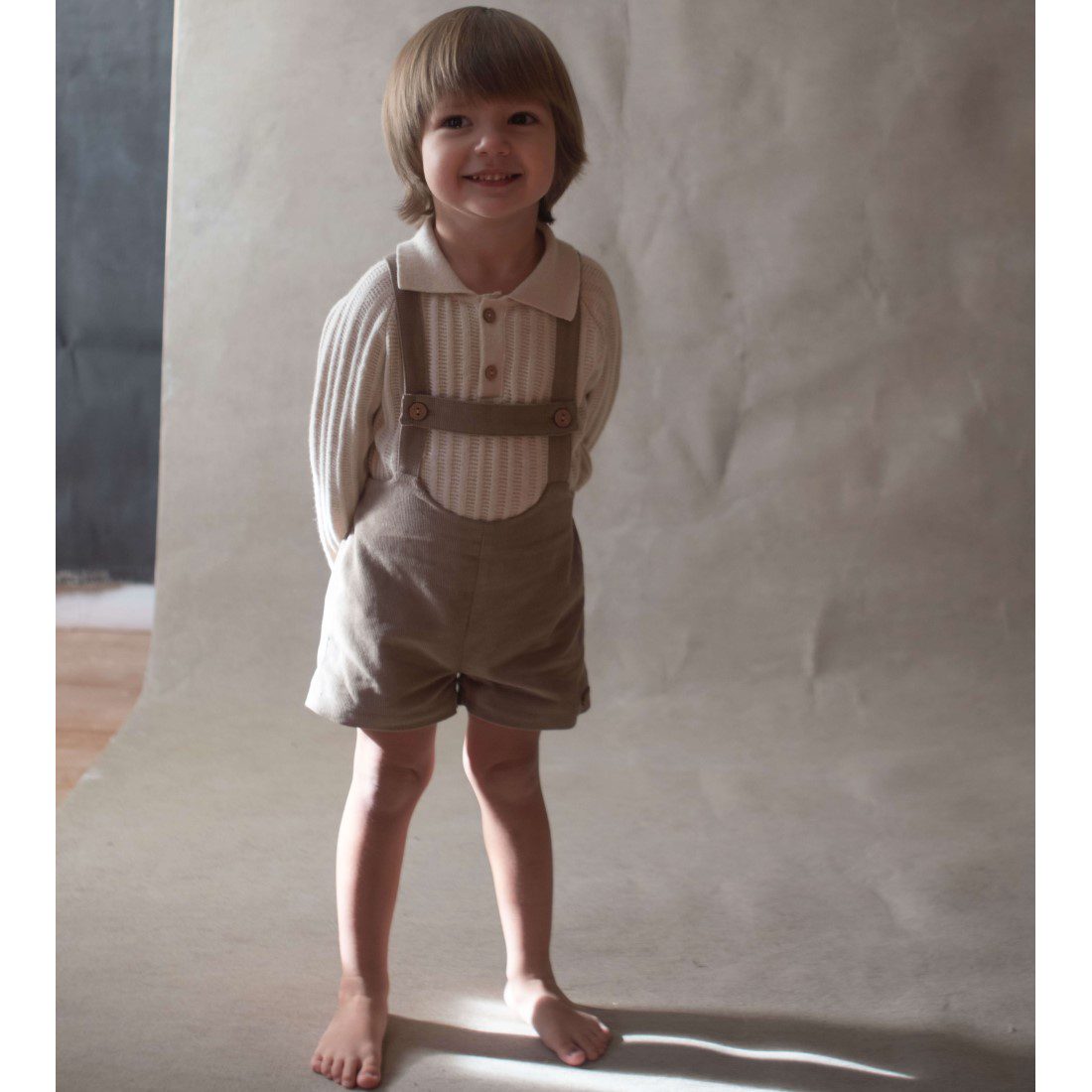 Beige Knitted Romper Suit & Taupe Short Dungarees W/ Straps