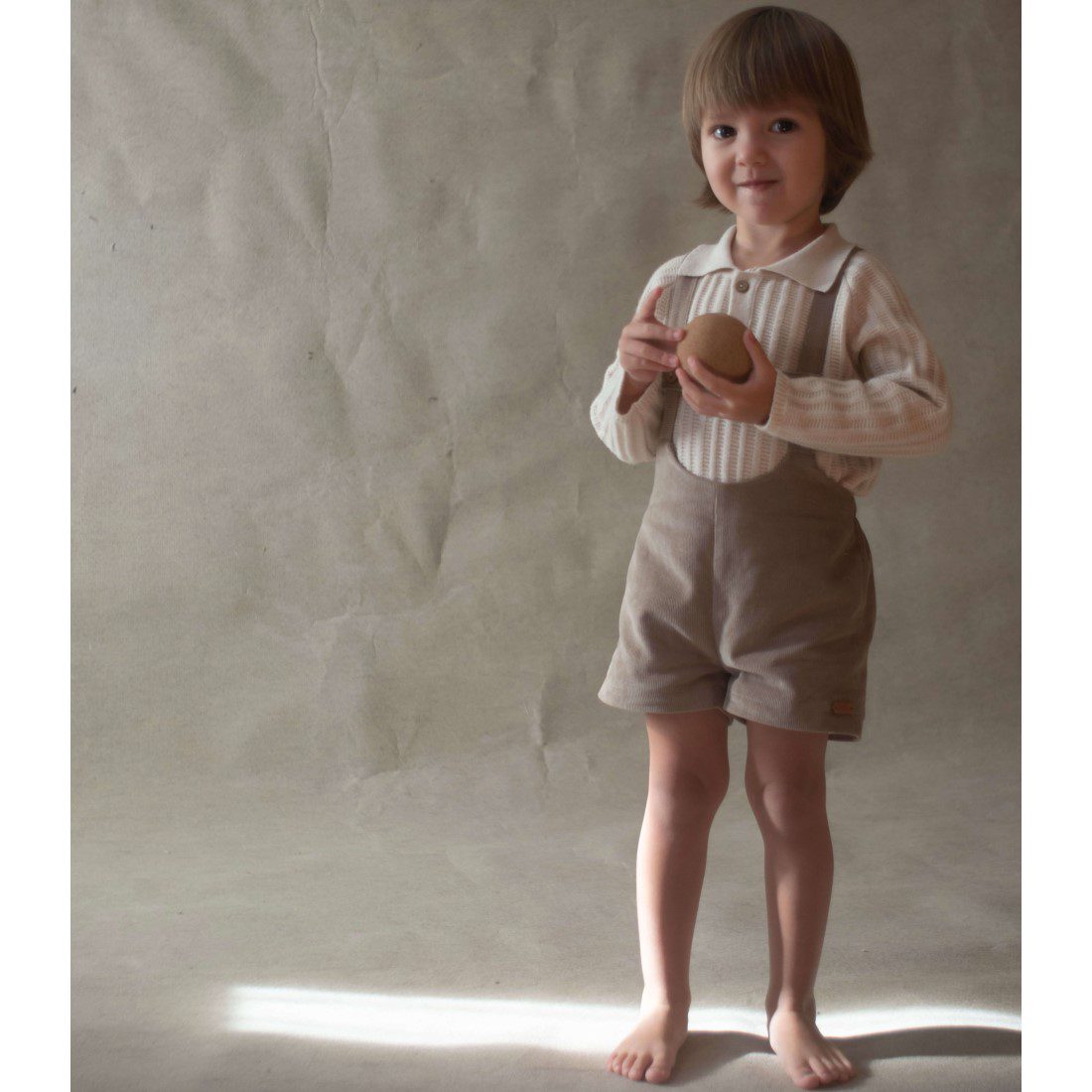 Beige Knitted Romper Suit & Taupe Short Dungarees W/ Straps