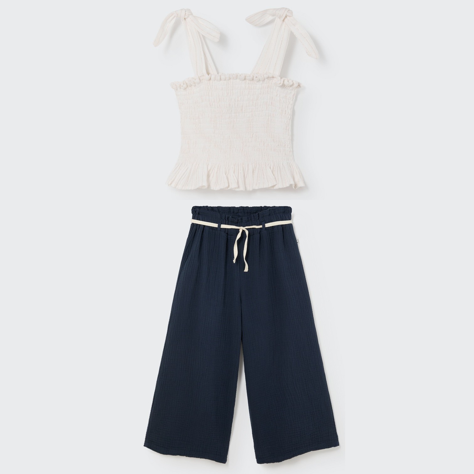 Onak Lurex Top Ivory & Senak Gauze Wide Pants Navy