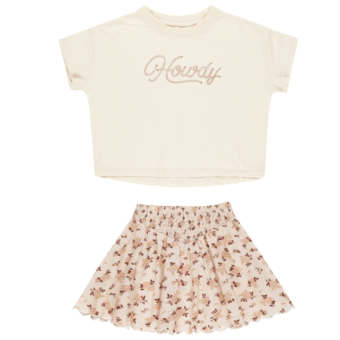 Boxy Tee 'Howdy' & Smocked Mini Skirt | Harvest Rose