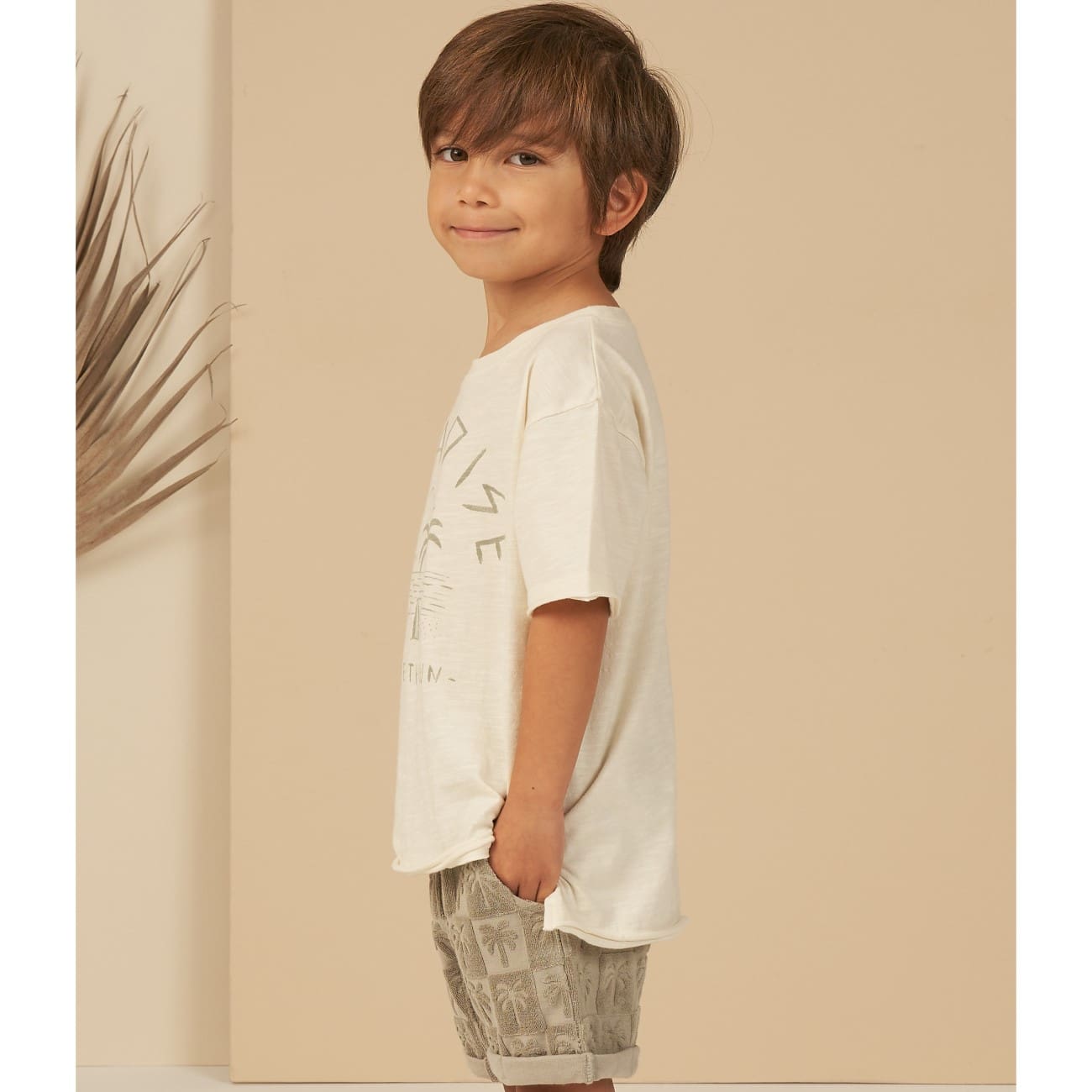 Paradise Raw Edge Tee & Palm Check Relaxed Short