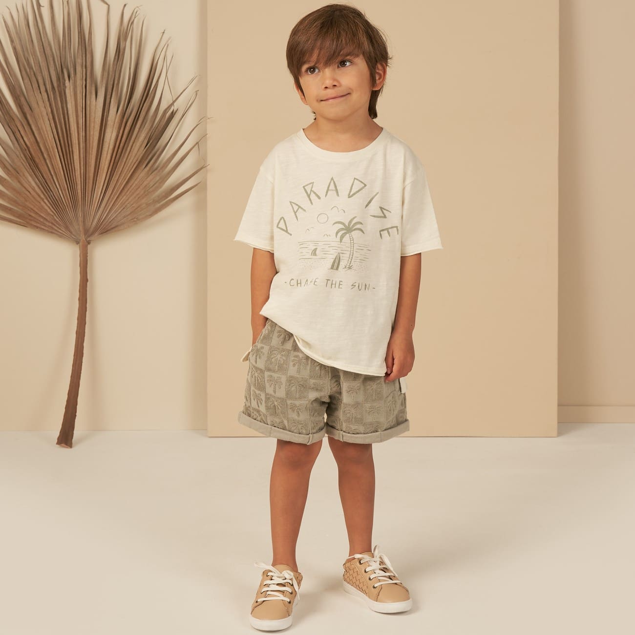 Paradise Raw Edge Tee & Palm Check Relaxed Short