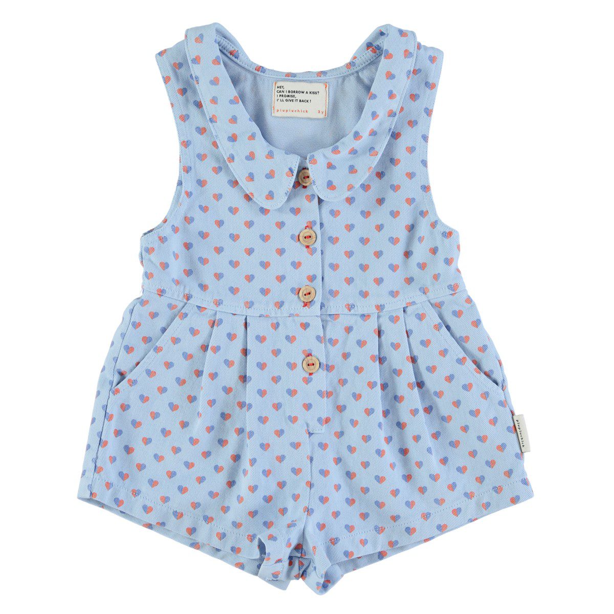 Short JumpsuitW/ Collar | Light Blue W/ Hearts Allover