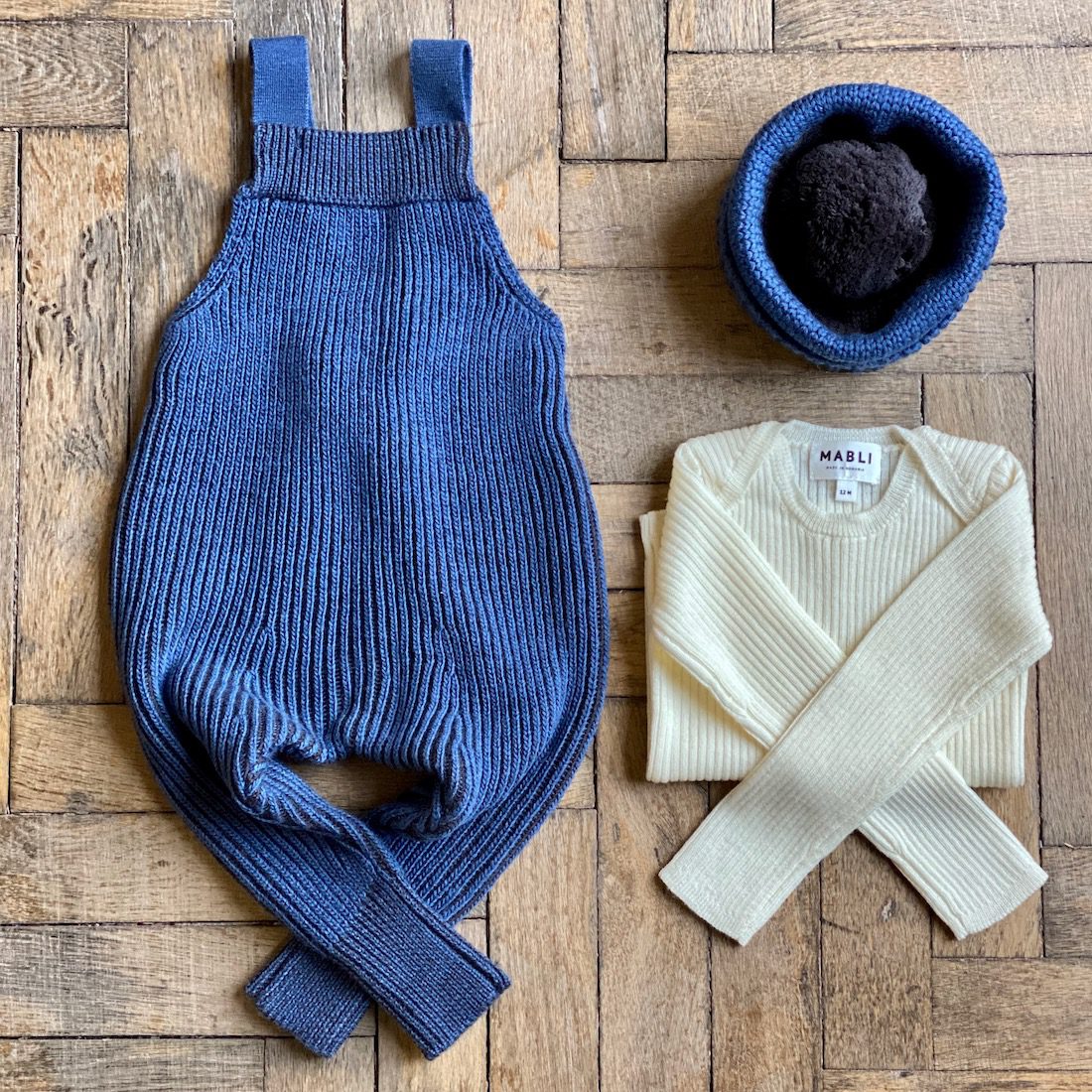 Slate Blue Cocoa Caio Dungarees & Ivory Sylfaen Skinny Rib