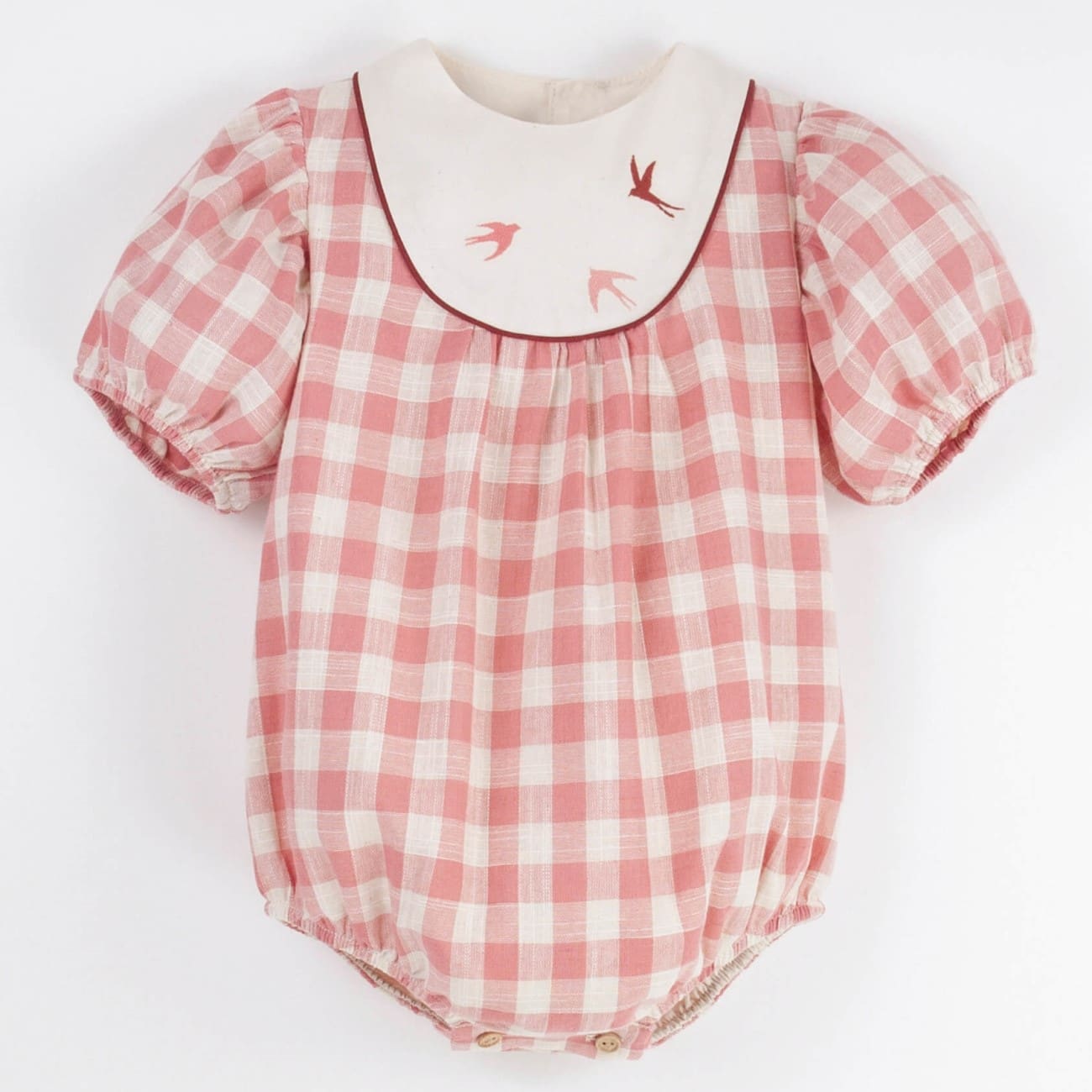 Pink Check Embroidered Romper Suit W/ Yoke