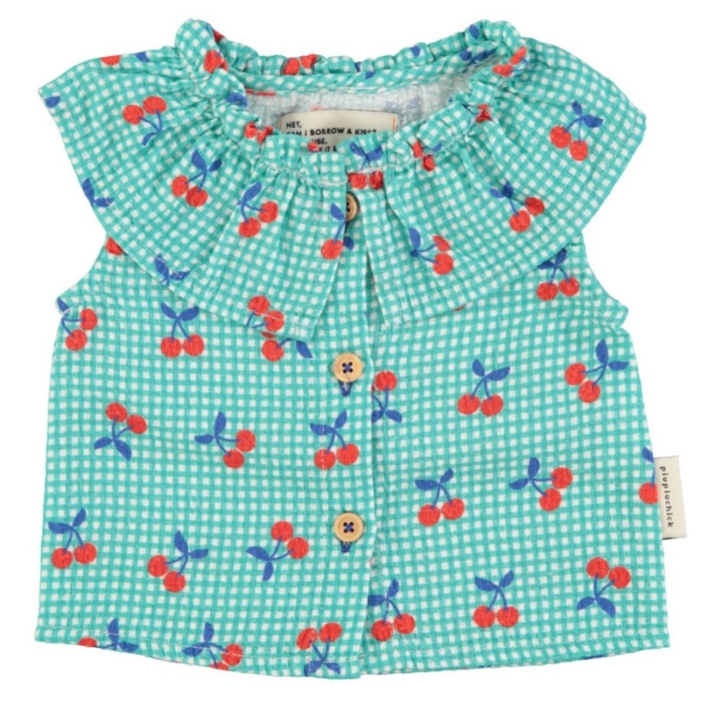 Sleeveless Blouse W/ Collar | Turquoise & White Checkered W/ Cherries