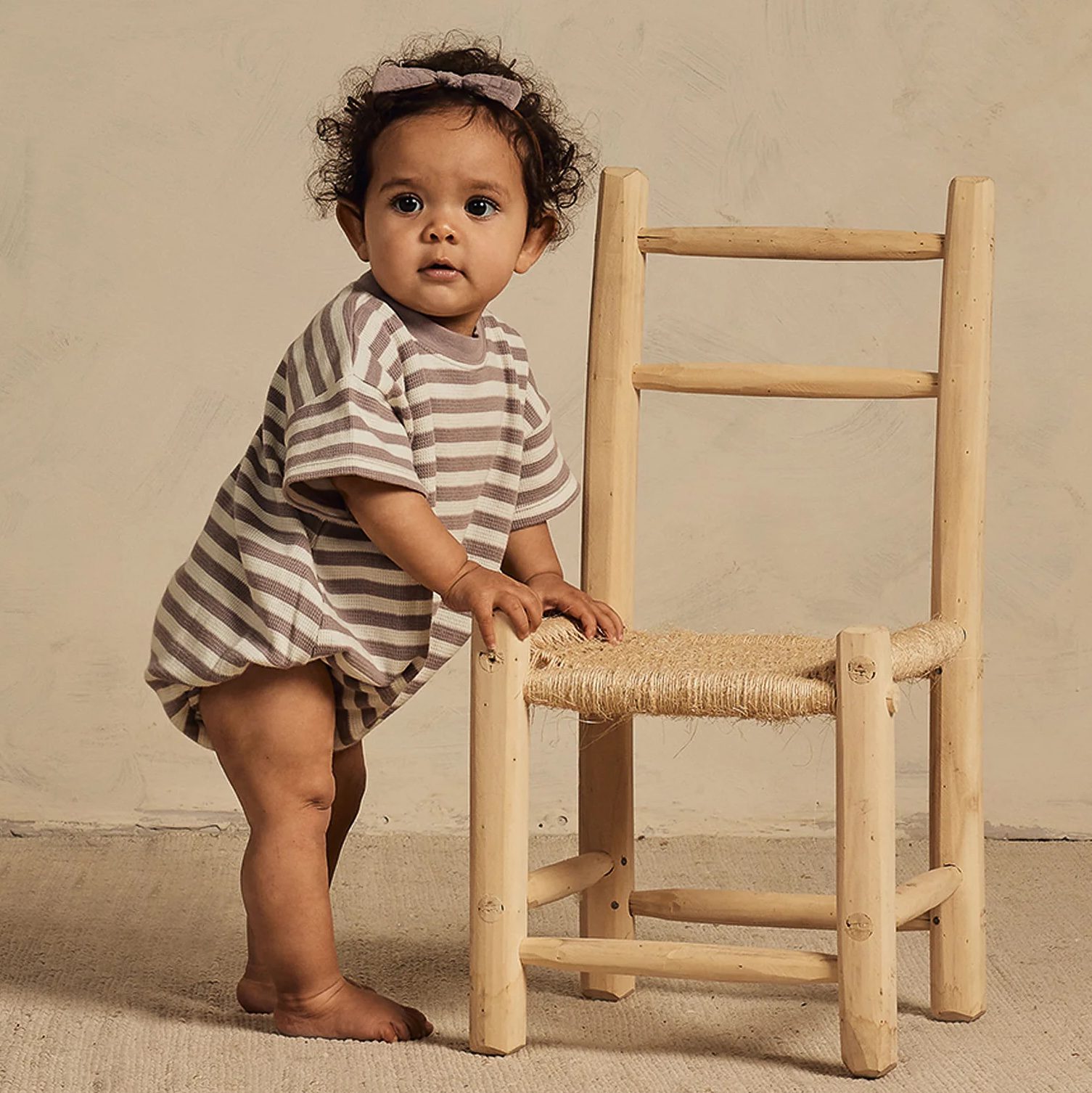 Relaxed Short Sleeve Bubble Romper | Purple Stripe