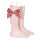2489/2 Side Velvet Bow Knee-high Socks  | Pale Pink (526)
