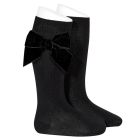 Cotton Knee Socks W/ Side Velvet Bow | Black 900