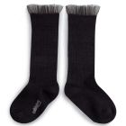 Manon Tulle Frill Ribbed Knee-high Socks | Noir de Charbon