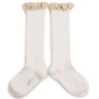 Apolline Gingham Ruffle Ribbed Knee-high Socks | Blanc Neige