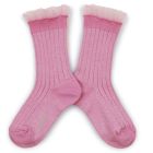 Alizée Glitter Ribbed Crew Socks with Tulle Trim | Rose Bonbon