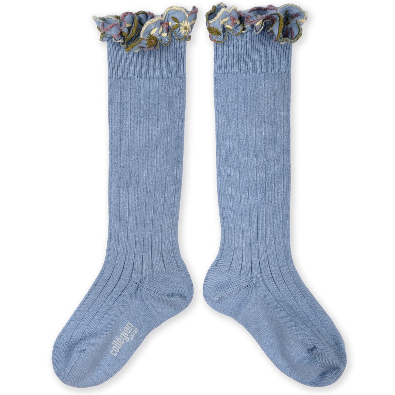 Eglantine Embroidered Ruffle Ribbed Knee-high Socks | Bleu Azur