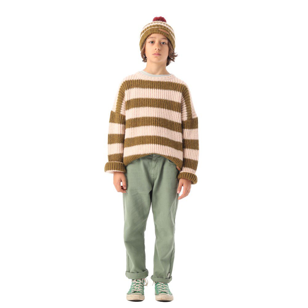 Knitted Hat W/ Pompom | Green & Ecru Stripes