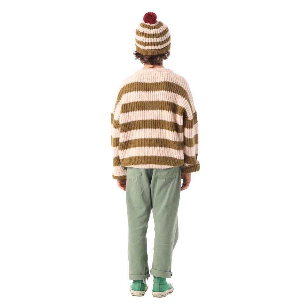Knitted Hat W/ Pompom | Green & Ecru Stripes